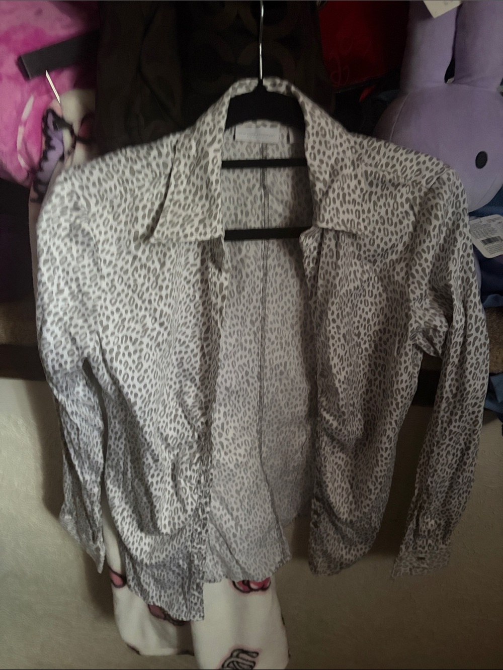 New York & Company Gray Leopard-Print Button Shirt